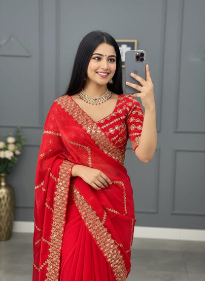 Shanaya Zimmy Choo Silk Saree With Heavy Embroidery Sequence Work & Blouse (Up to 42”)