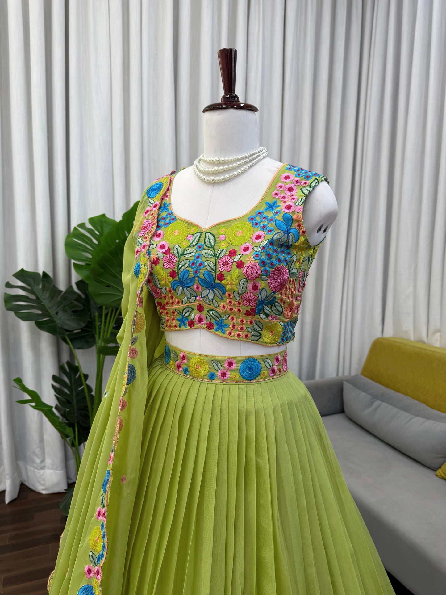 Parrot Green Floral Embroidered Organza Silk Lehenga Choli with Dupatta