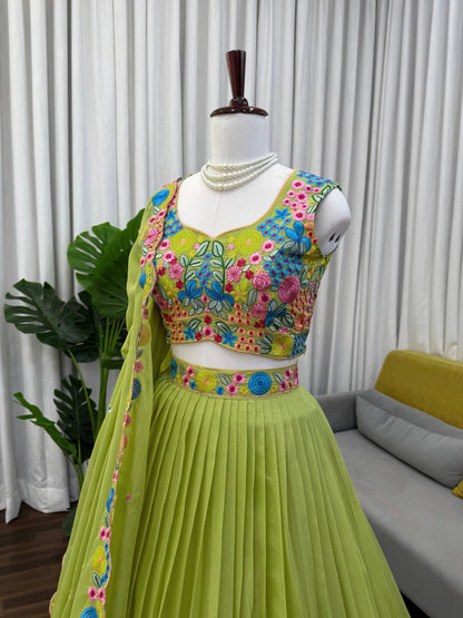 Parrot Green Floral Embroidered Organza Silk Lehenga Choli with Dupatta