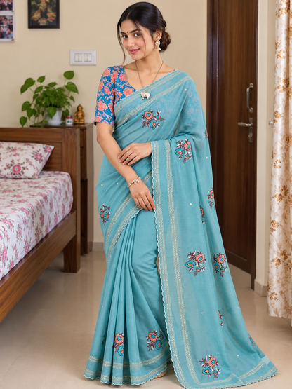Star Georgette Saree with All Over Floral Embroidery & Digital Print Blouse