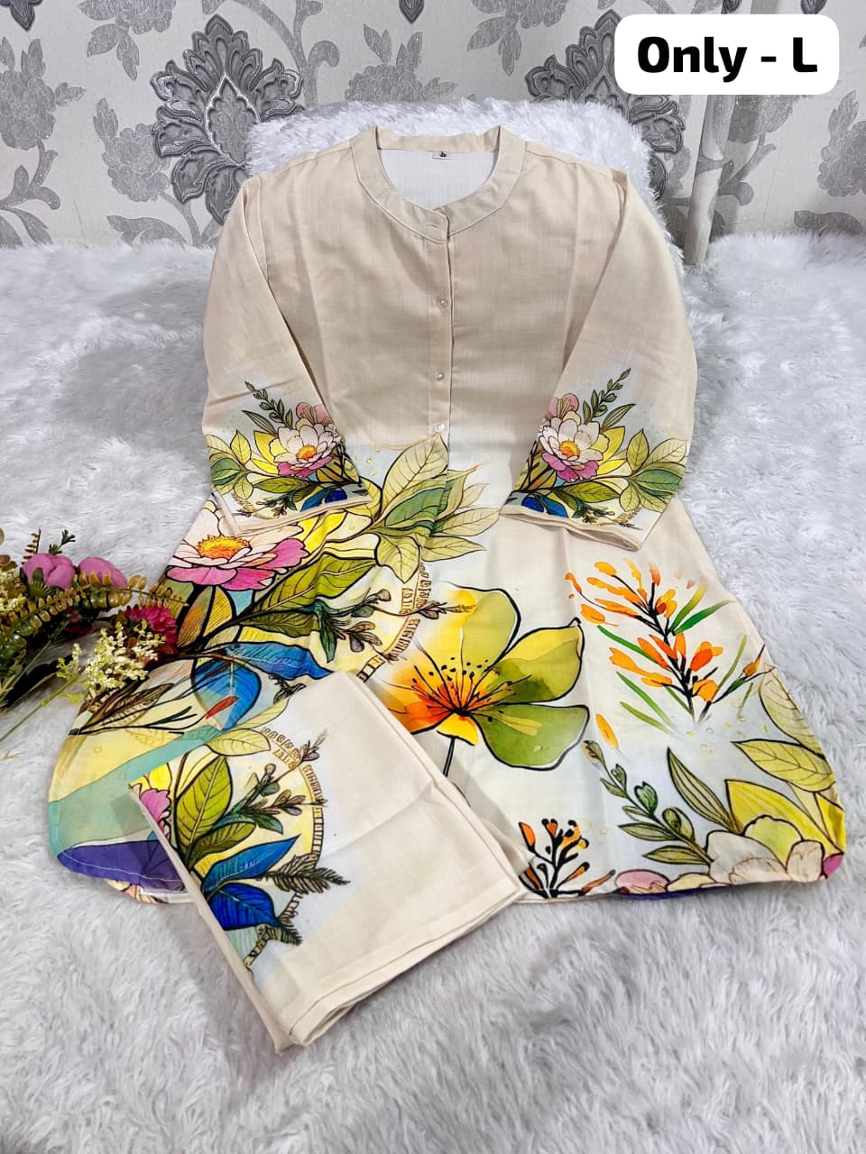 Best Seller Beige Cotton Floral Print Kurti Pant Set | Only L Size