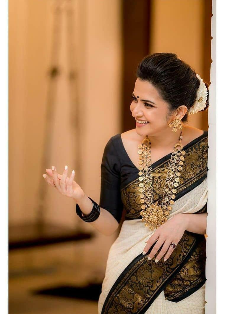 Off White Saree with Black & Gold Classic Border