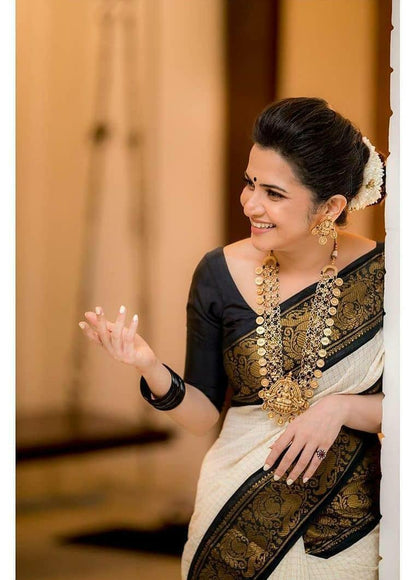 Off White Saree with Black & Gold Classic Border