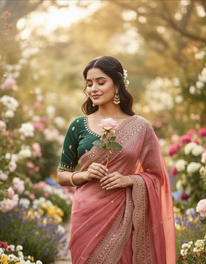 Elegant Space Chiffon Embroidery Saree with Scallop Border