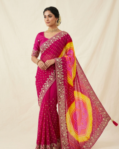 Designer Bandhani Tie-Dye Saree with Heavy Embroidered Border – Festive Wear Collection