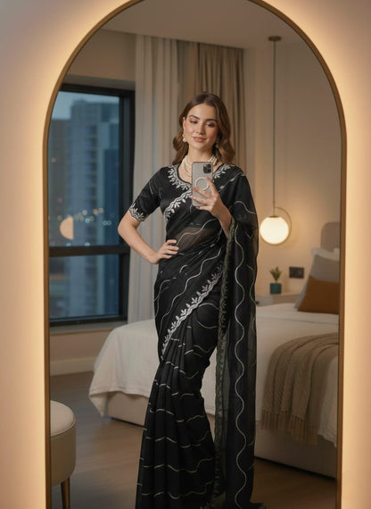Zoya Soft Satin Silk Saree with 3MM Sequins Embroidery Border & Stitched Blouse