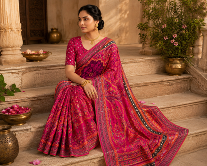 Karigari Soft Chinon Silk Digital Print Saree with Hand Aari Work & 2000+ Real Mirror Work