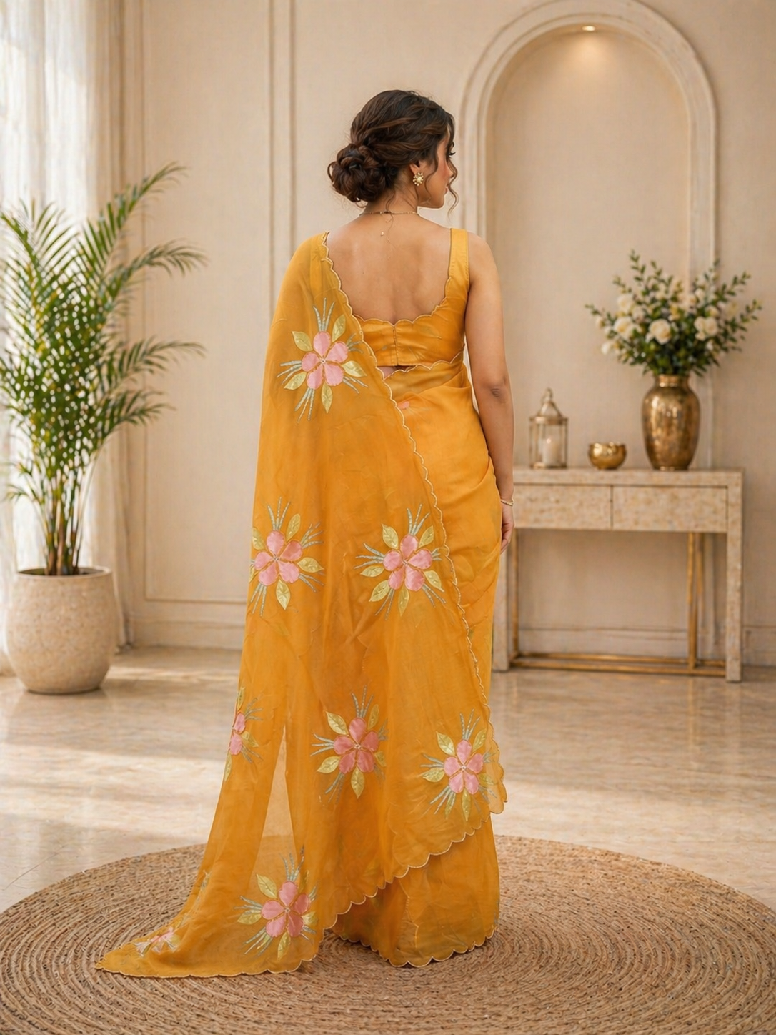 Pure Bari Chiffon Saree with Handwork & Floral Hand Print
