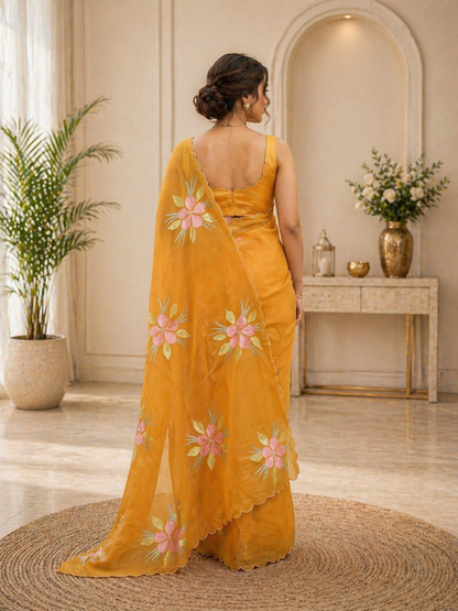 Pure Bari Chiffon Saree with Handwork & Floral Hand Print