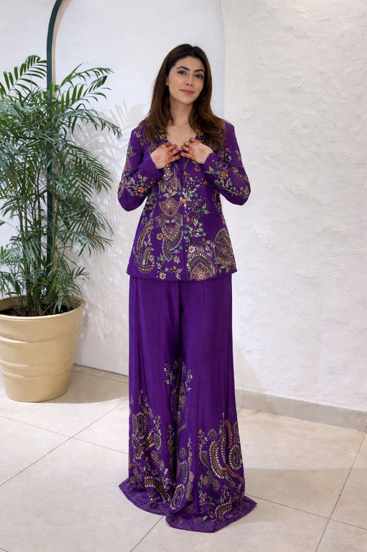 Designer Party Wear Embroidery Jacket Palazzo Set – Heavy Chinon 3 Piece Outfit