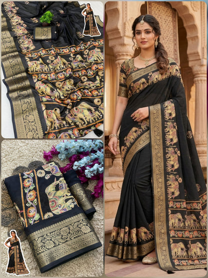 Royal Elephant Border Pure Marsh Mellow Silk Saree With Aari Mirror Work