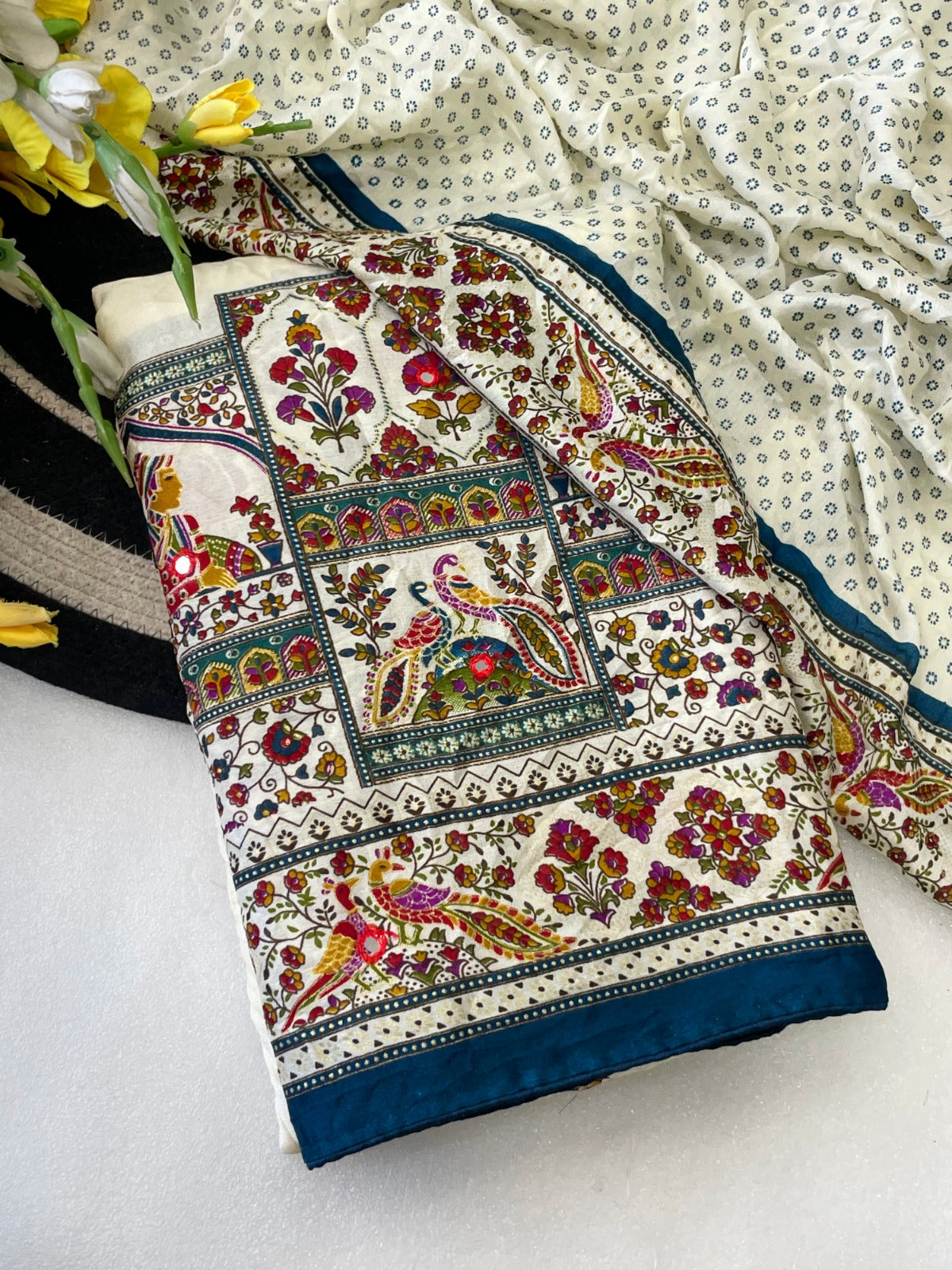 Premium Pure Moss Chiffon Saree with Peacock Floral Print & Mirror Work