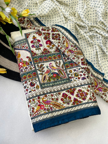 Premium Pure Moss Chiffon Saree with Peacock Floral Print & Mirror Work
