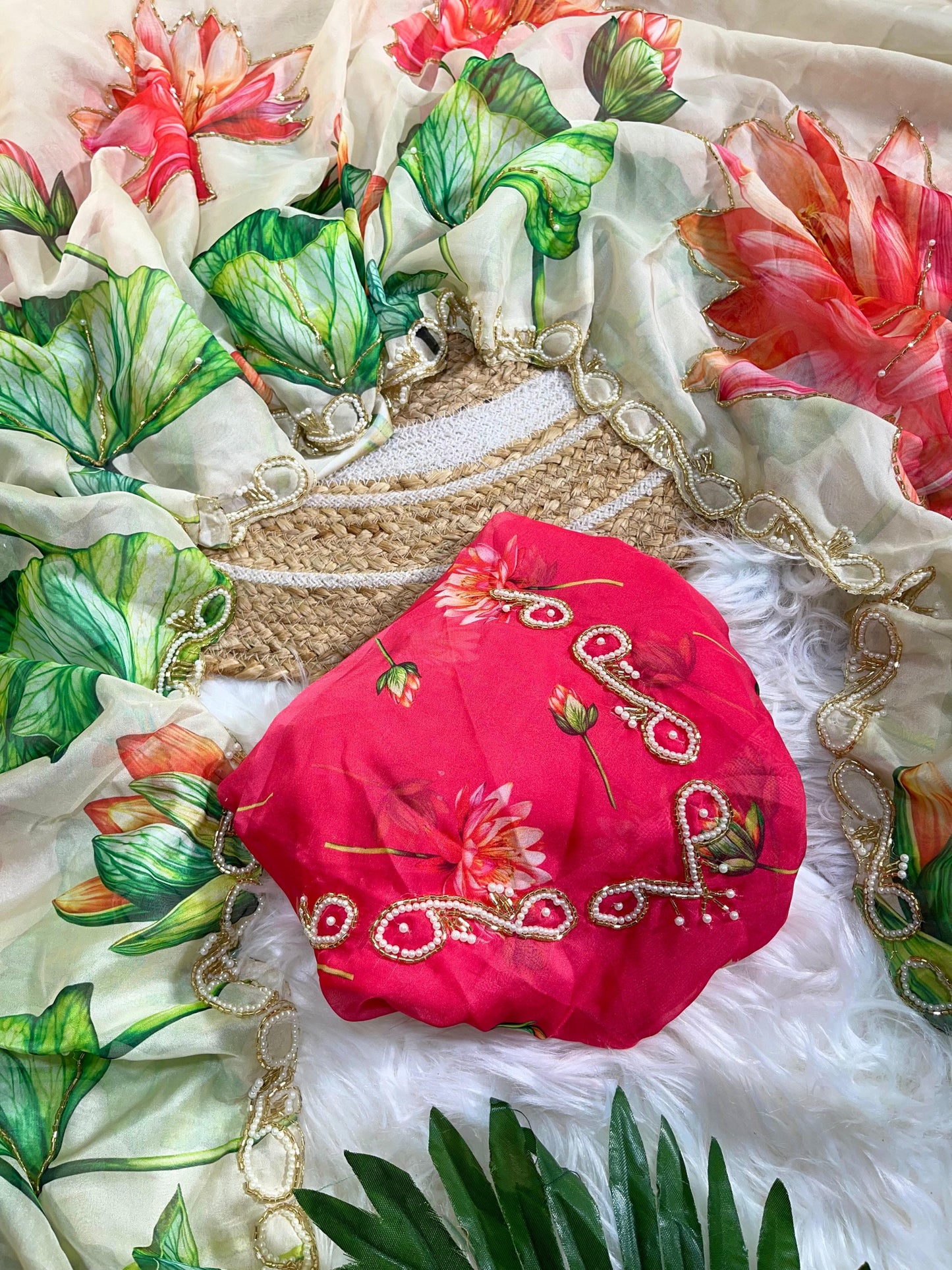 Pure Soft Teby Silk Floral Print Saree with Khatli Moti Border & Designer Blouse