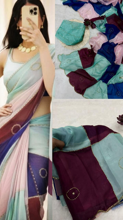 Multi Color Space Silk Handwork Saree