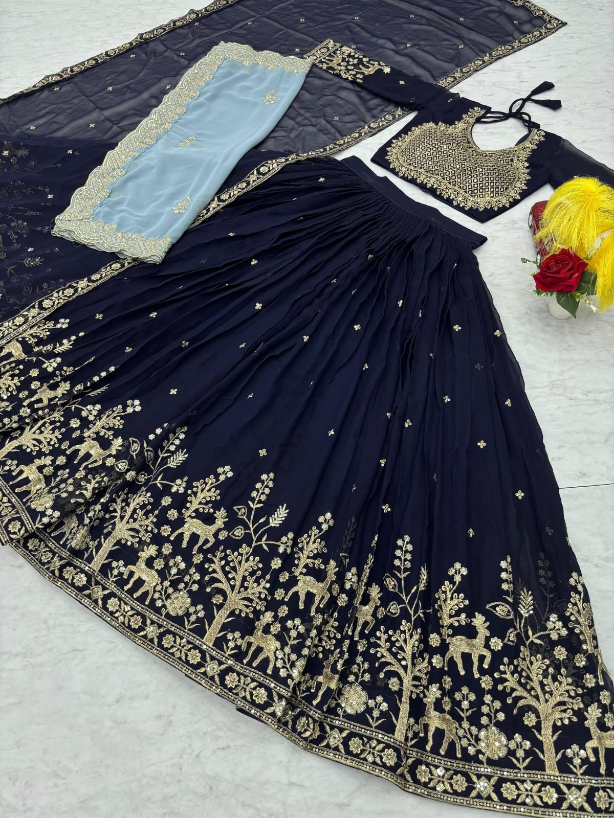 Navy Blue Embroidered Wedding Lehenga Choli with Dupatta