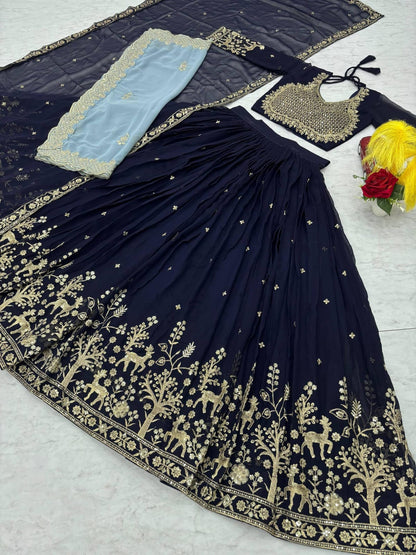 Navy Blue Embroidered Wedding Lehenga Choli with Dupatta