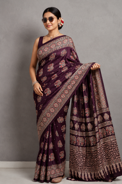Elegant Ajrakh Pure Gajji Bandhej Soft Silk Saree With Mirror Work