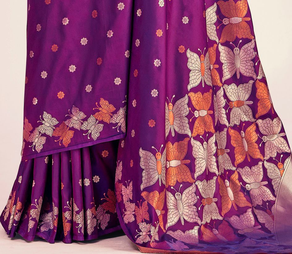 Wine Purple Butterfly Printed Silk Look Saree