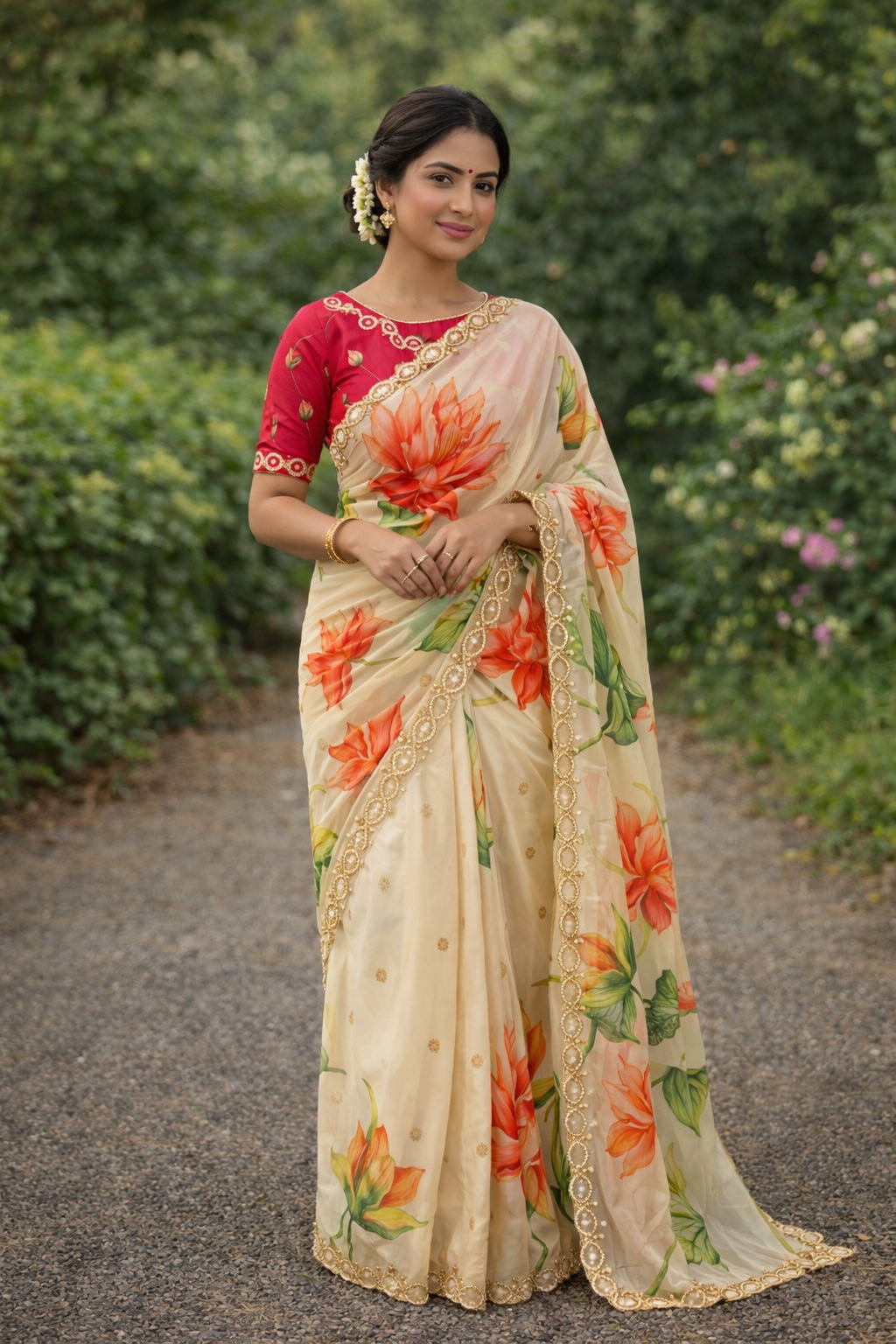 Pure Soft Teby Silk Floral Print Saree with Khatli Moti Border & Designer Blouse