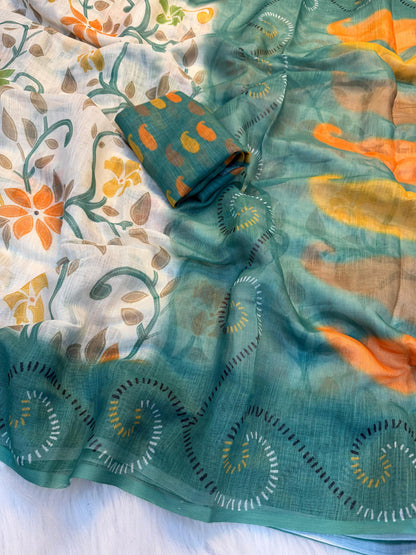 Elegant Linen Cotton Digital Print Saree with Tassel Pallu
