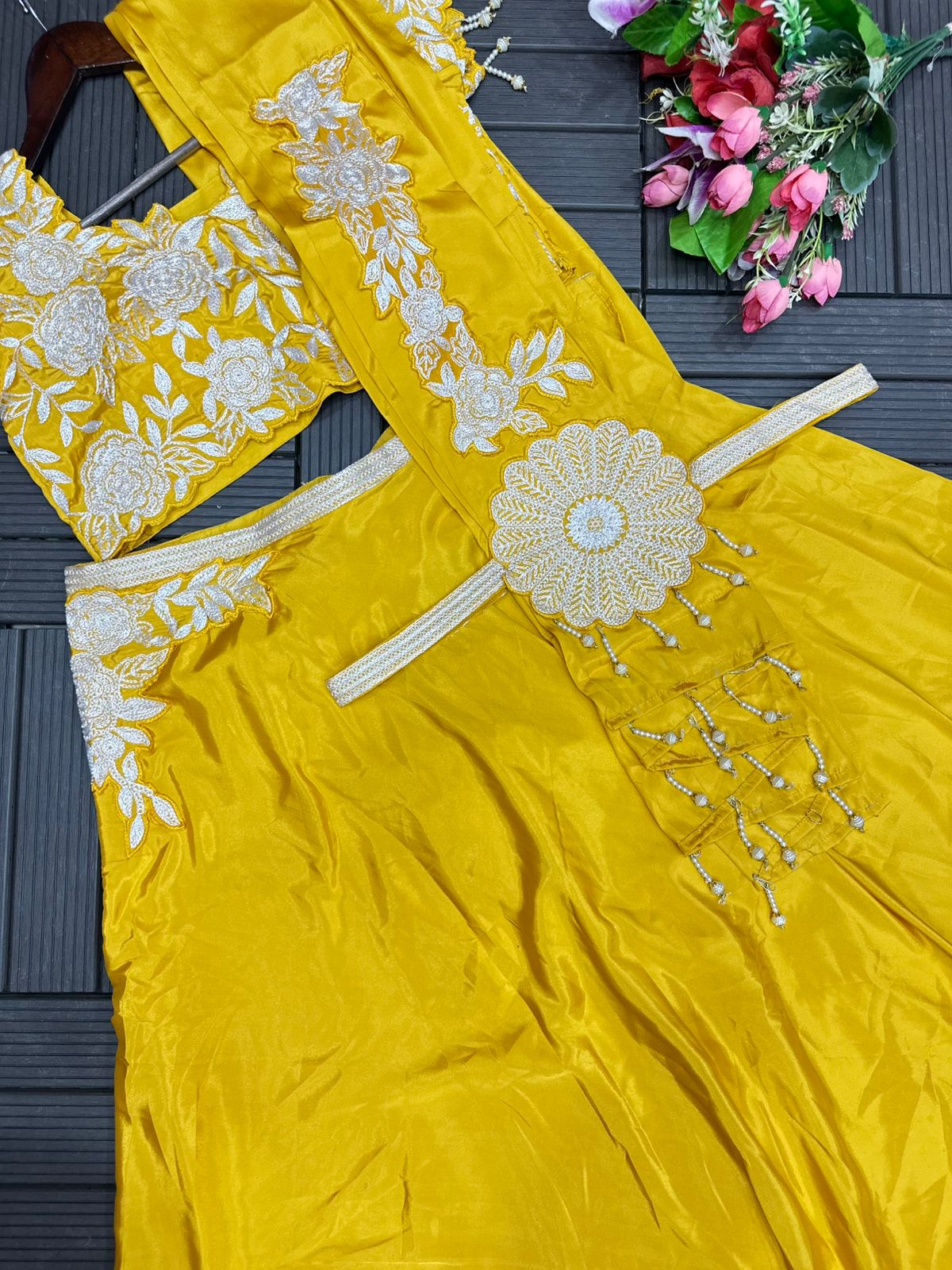 Yellow Royal Satin Embroidery Coding Work Lehenga Choli with Fancy Latkan Dupatta