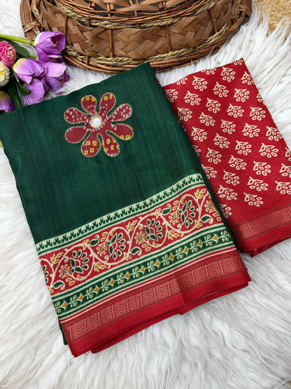 Premium Mul Cotton Printed Saree with Mirror Work & Designer Border