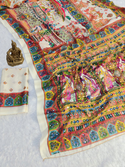 Heavy Masakali Georgette Digital Print Saree with 3000+ Mirror Work
