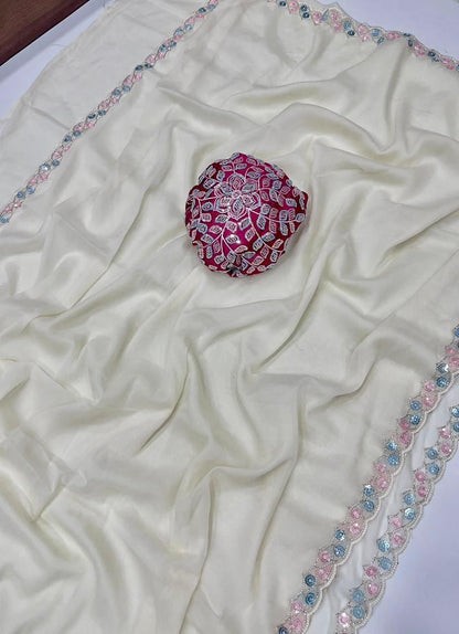 White Star Satin Georgette Handwork Saree