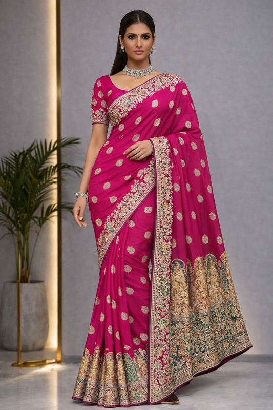 Pure Silk Meenakari Foil Print Designer Saree With Contrast Blouse