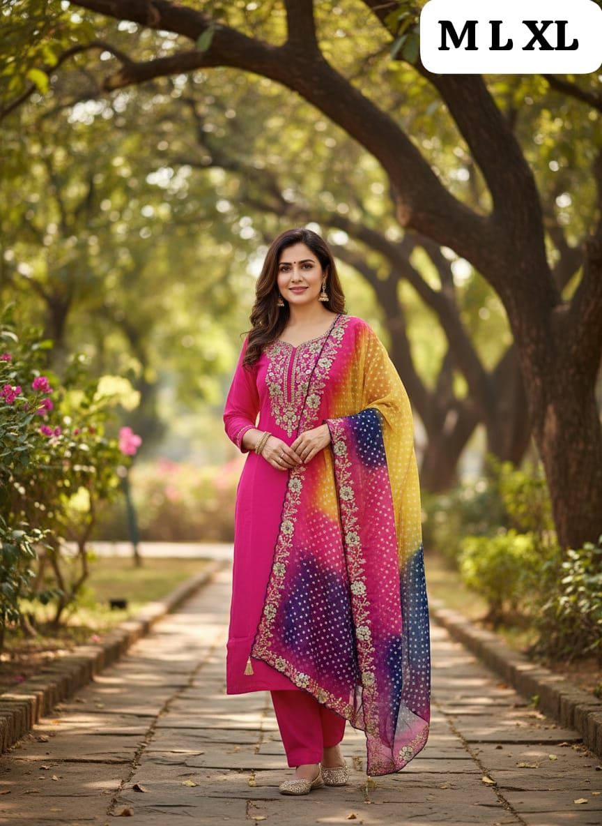 Designer Roman Silk Kurti Pant Set with Gota Patti Embroidery & Lehariya Dupatta