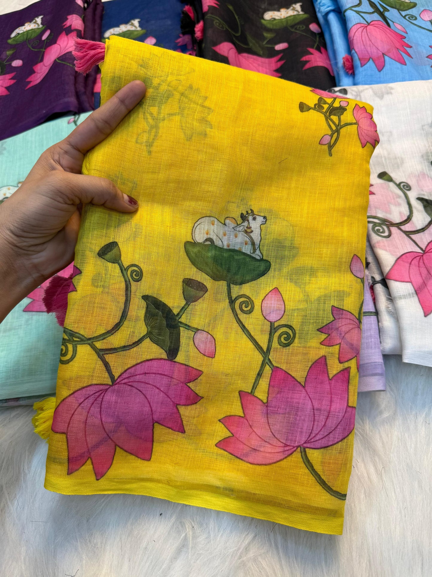 Premium Linen Cotton Floral Print Saree With Tassels & Blouse Piece | Soft Lightweight Daily Wear Saree