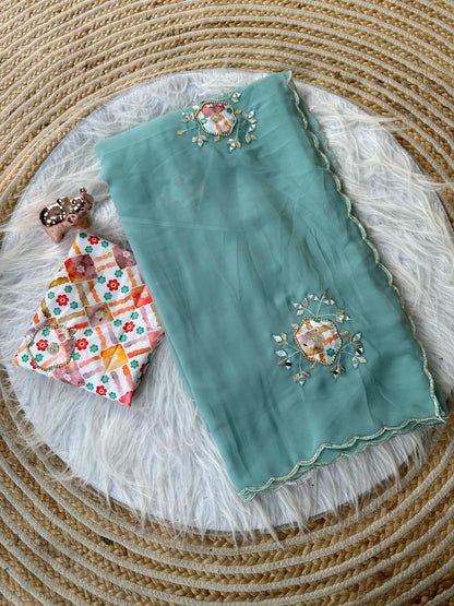 Heavy Star Georgette Saree with Mirror Work & Digital Print Designer Blouse