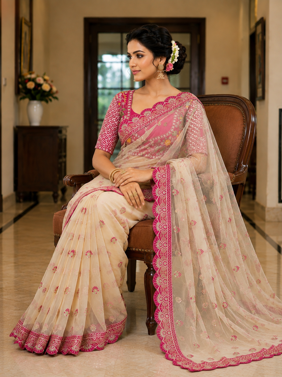 Soft Butterfly Net Saree with Sequins & Multi Thread Embroidery | Full Stitch Blouse