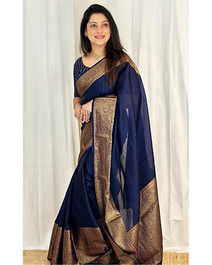 Navy Blue Silk Saree with Gold Border