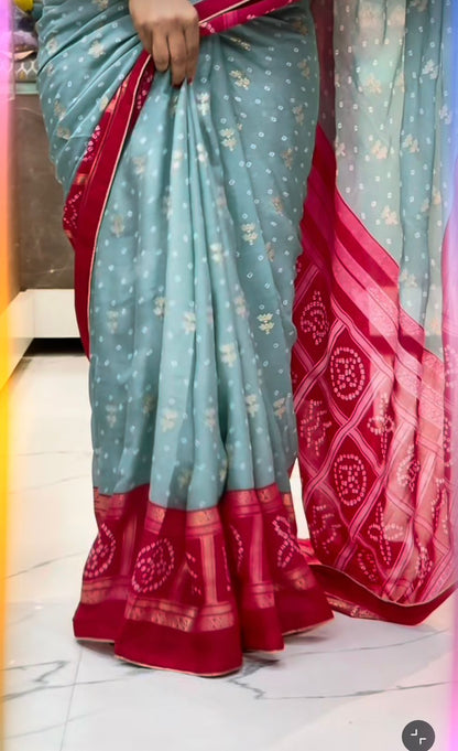 Dull Moss Foil Print Saree with Piping Border & Matching Blouse