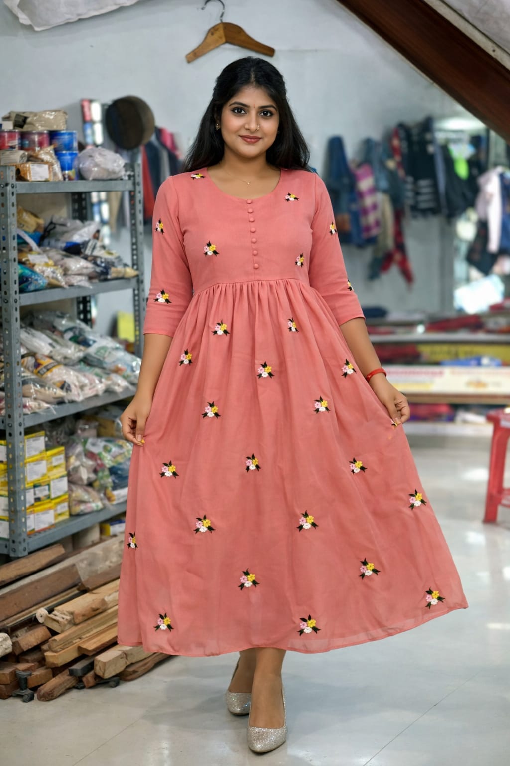 Women’s Multi Embroidery Butti Fox Georgette Silk Frock Dress (M to XXL)