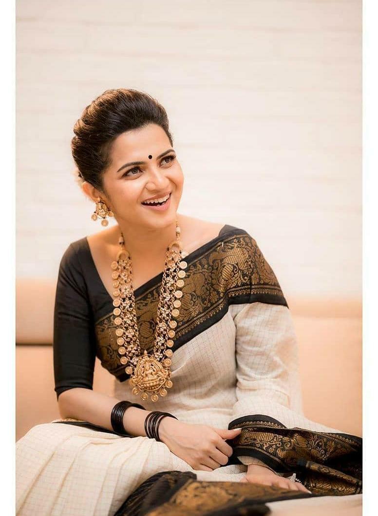 Off White Saree with Black & Gold Classic Border