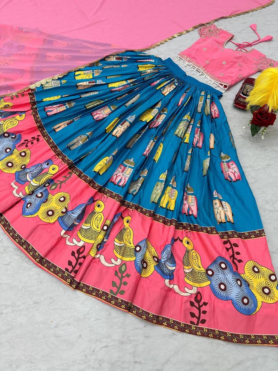Festival Special Kalamkari Printed Lehenga Choli with Embroidery Blouse & Dupatta