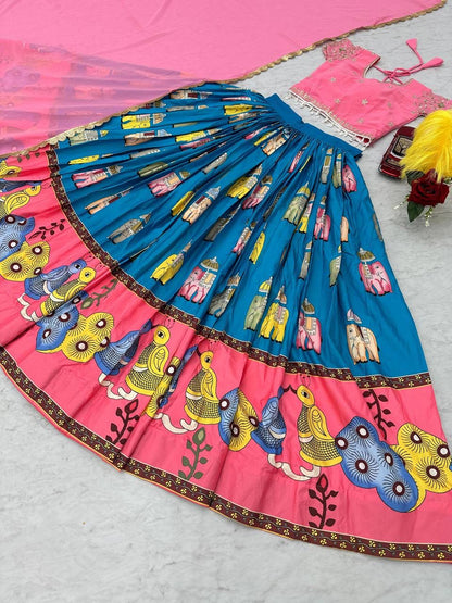 Festival Special Kalamkari Printed Lehenga Choli with Embroidery Blouse & Dupatta