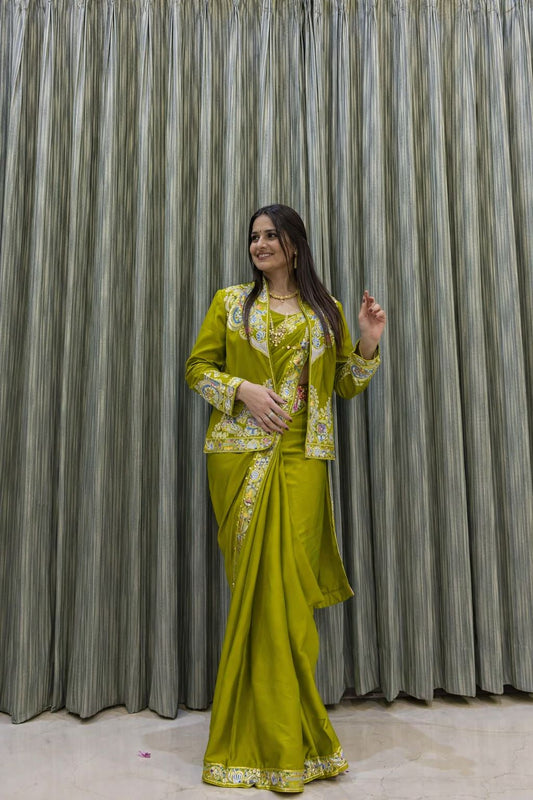 Ready to Wear Crepe Saree with Embroidery Sequence Jacket (Full Stitched)