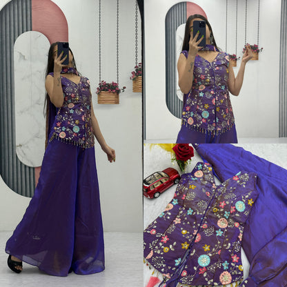 Purple Tissue Embroidery Palazzo Set with Dupatta