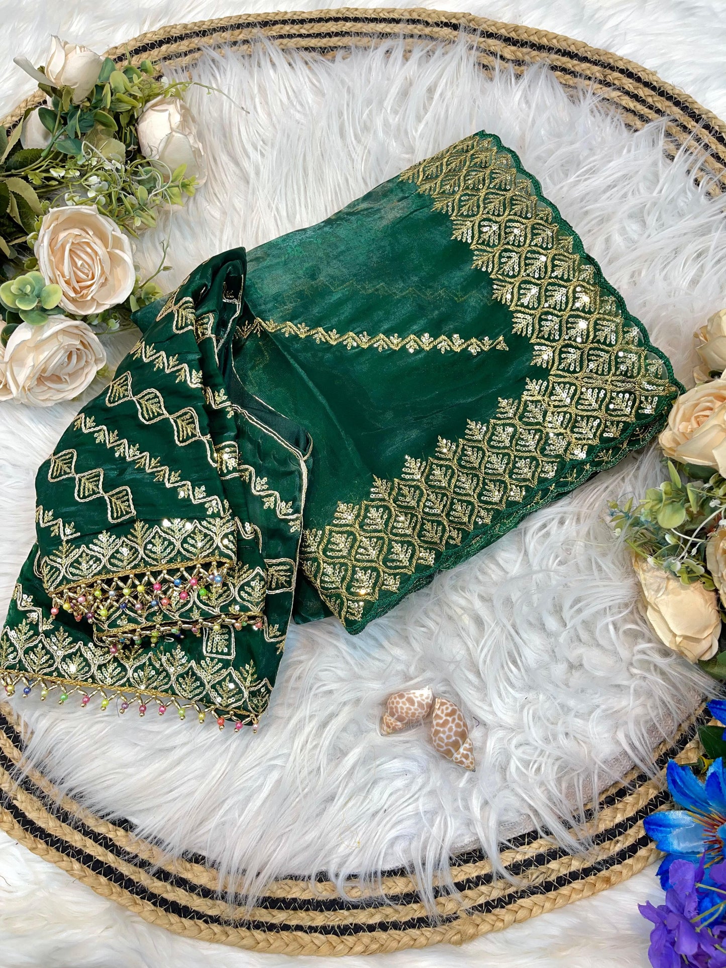 Shanaya Zimmy Choo Silk Saree With Heavy Embroidery Sequence Work & Blouse (Up to 42”)