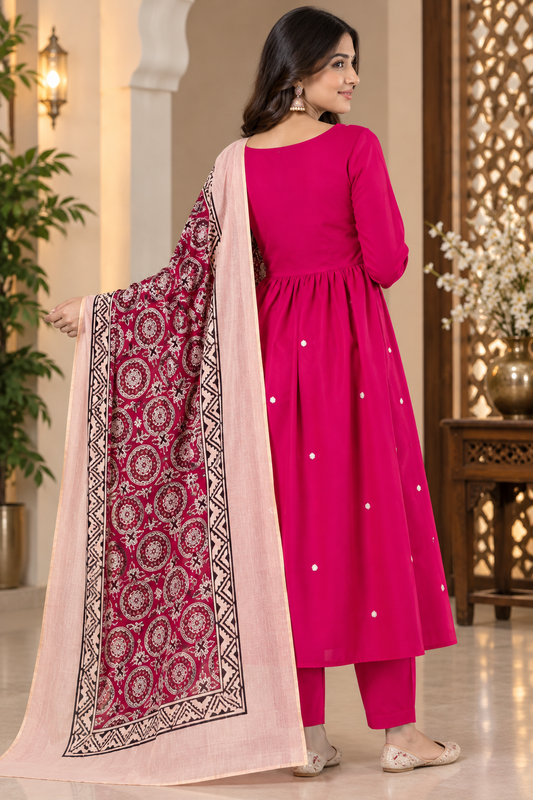 Premium Cotton A-Line Kurta Pant Set with Jaipur Printed Malmal Dupatta