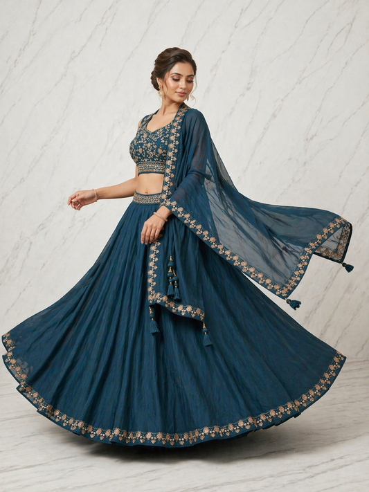 Wedding Special Vichitra Silk Lehenga Choli with Heavy Embroidery & Shrug Style Dupatta