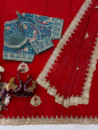 Designer Soft Space Silk Saree with Heavy Embroidered Blouse