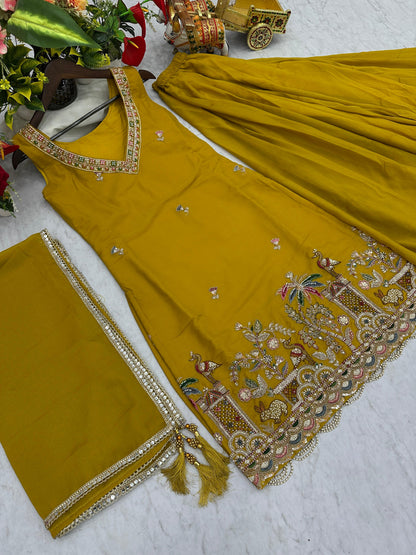 Haldi Special Designer Kurti Plazzo Dupatta Set with Moti & Embroidery Work