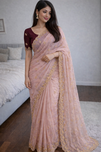 Soft Twills Organza Saree with All Over Handwork & Designer Border
