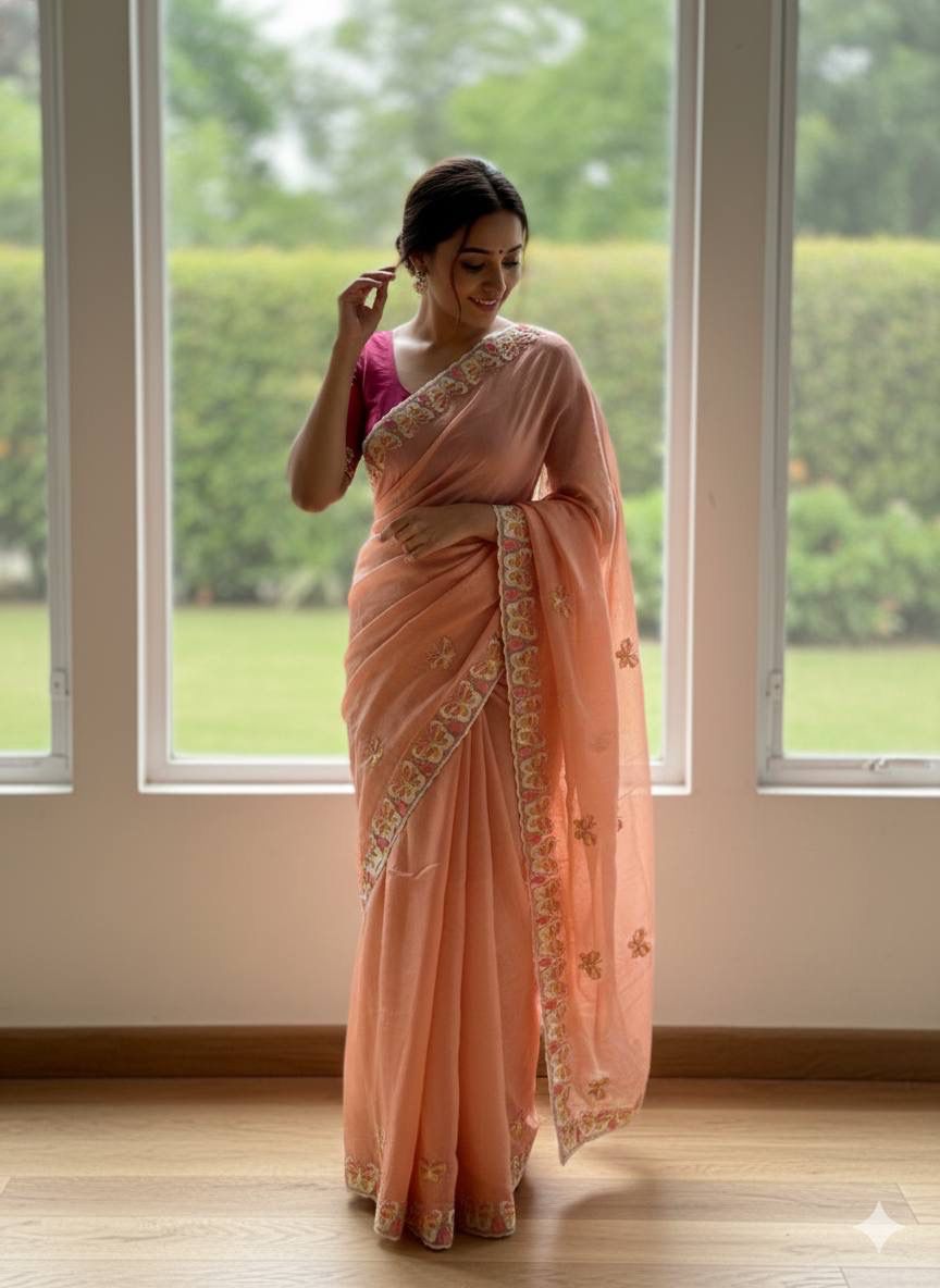 Radha Butterfly Motif Embroidered Crushed Organza Saree