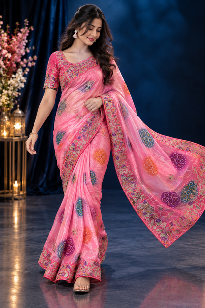 Soft Shine Space Silk Saree with Bandhej Print, C-Pallu Gotafoil Work & Butti